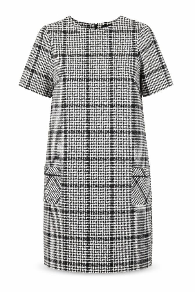 Front view of Dorothy Perkins women’s multicoloured check polyester shift, size UK 12, round neck - pockets