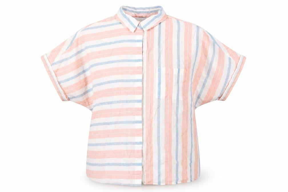 Front view of Marks & Spencer women’s multicoloured check cotton tunic blouse, size UK 12, collared