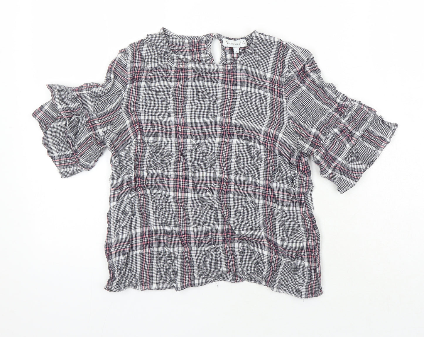 Warehouse Womens Multicoloured Check Viscose Ringer Blouse Size 8 Round Neck