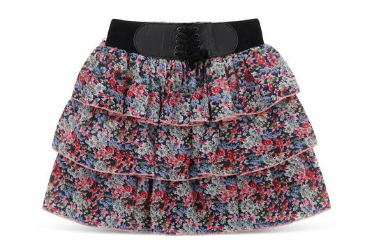 Front view of Select women’s multicoloured floral polyester mini skirt, size UK 8, - elasticated waist