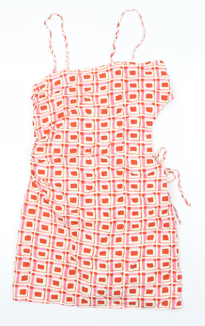 Zara Womens Multicoloured Geometric 100% Cotton Pencil Dress Size L Square Neck