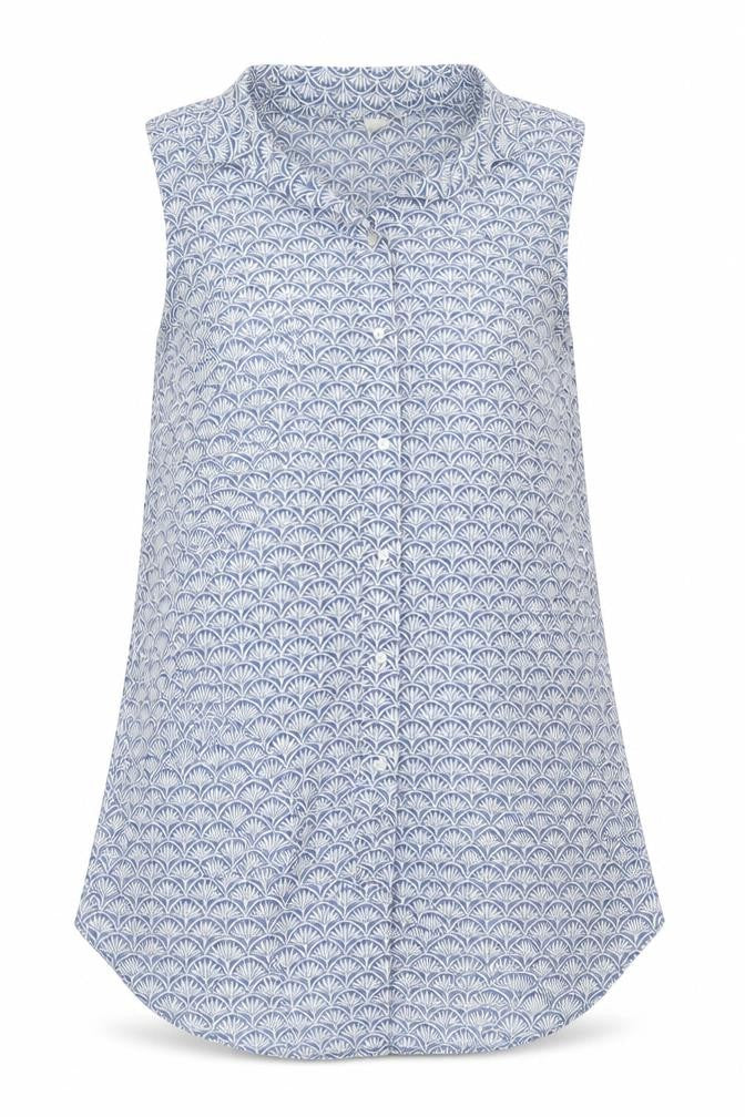 Front view of H&M women’s blue geometric polyester tunic blouse, size UK 8, collared