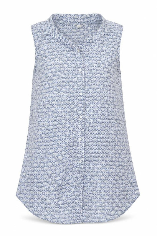 Front view of H&M women’s blue geometric polyester tunic blouse, size UK 8, collared
