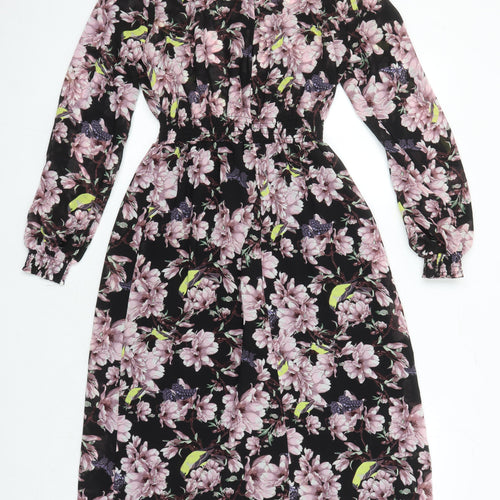 H&M Womens Multicoloured Floral Polyester A-Line Size 6 Round Neck