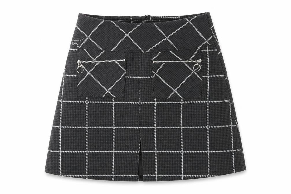 Front view of Dorothy Perkins women’s grey check polyester a-line skirt, size UK 10