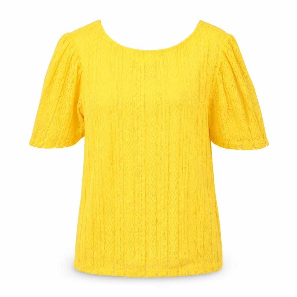 Front view of Dorothy Perkins women’s yellow polyester tunic blouse, size UK 14, boat neck
