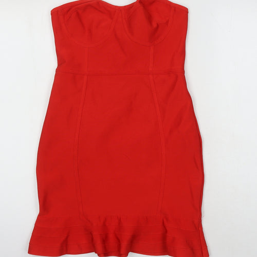 PRETTYLITTLETHING Womens Red Polyester Pencil Dress Size 12 Off the Shoulder