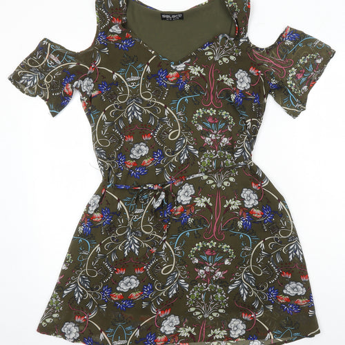 Select Womens Multicoloured Floral Polyester A-Line Size 12 Square Neck - Cold Shoulder
