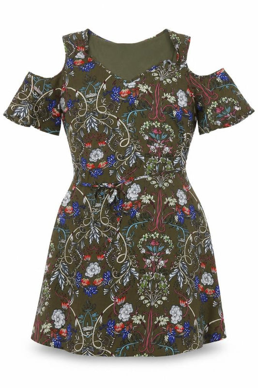 Front view of Select women’s multicoloured floral polyester a-line, size UK 12, square neck - cold shoulder