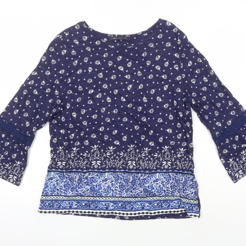 M&S Womens Blue Geometric 100% Cotton Tunic Blouse Size 8 Boat Neck