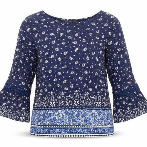 M&S Womens Blue Geometric 100% Cotton Tunic Blouse Size 8 Boat Neck