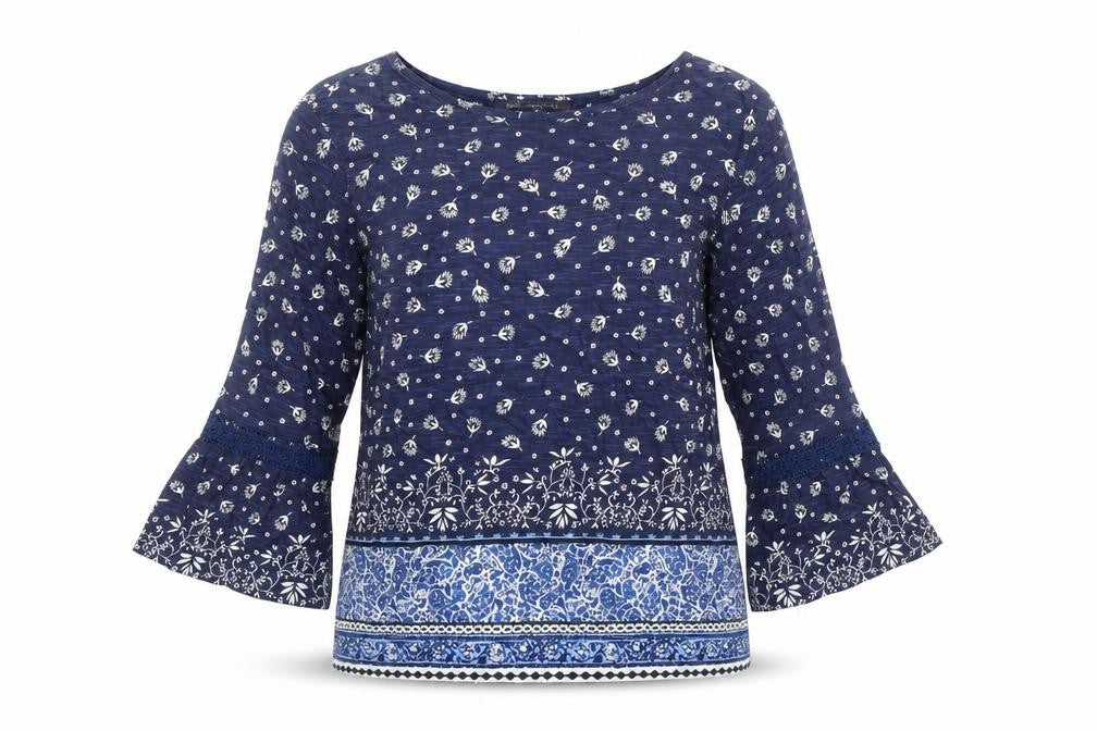M&S Womens Blue Geometric 100% Cotton Tunic Blouse Size 8 Boat Neck
