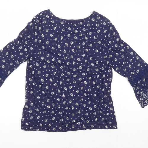 M&S Womens Blue Geometric 100% Cotton Tunic Blouse Size 8 Boat Neck