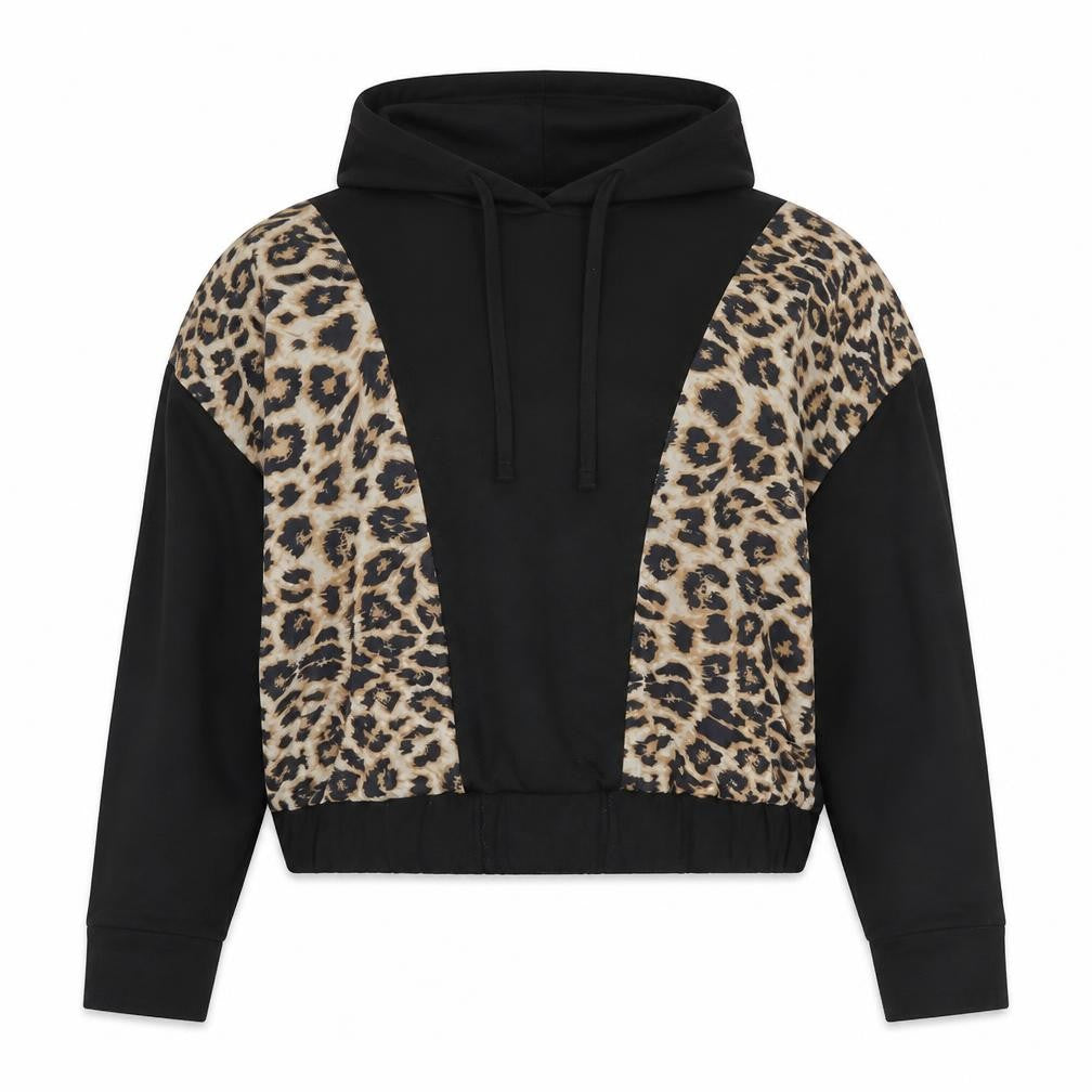 Front view of Pep&Co women’s black animal print polyester pullover hoodie, size M, pullover