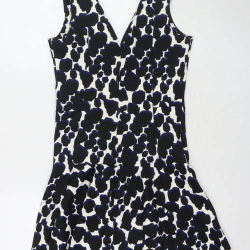 NEXT Womens Black Geometric Polyester Fit & Flare Size 8 V-Neck Zip