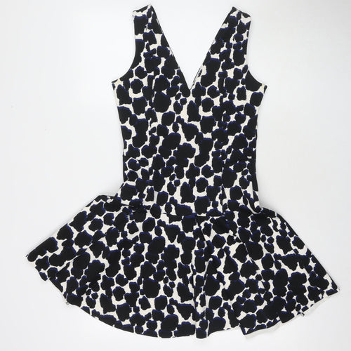 NEXT Womens Black Geometric Polyester Fit & Flare Size 8 V-Neck Zip