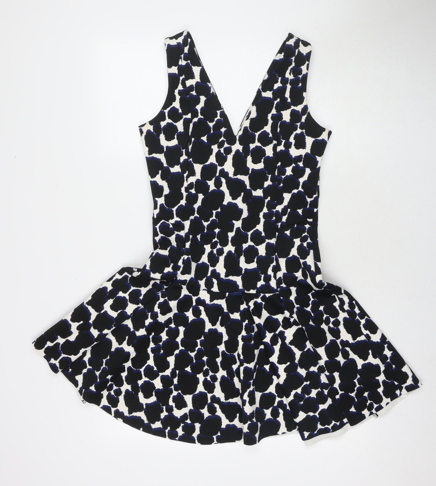 NEXT Womens Black Geometric Polyester Fit & Flare Size 8 V-Neck Zip