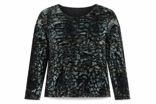 Front view of Mantles women’s grey animal print polyester basic button-up, size M, round neck - snake pattern