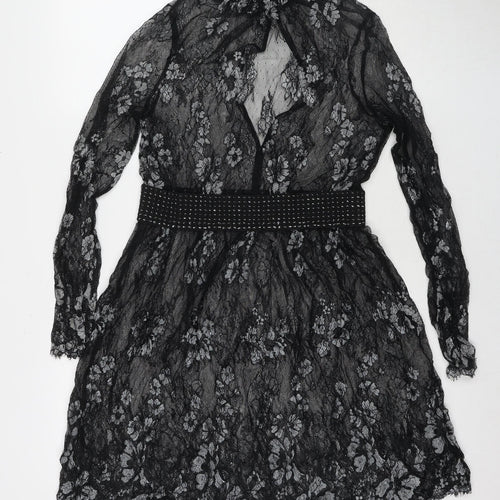 NEXT Womens Black Floral Nylon Fit & Flare Size 10 Round Neck Pullover