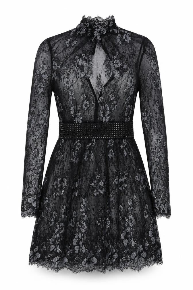 Front view of Next women’s black floral nylon fit & flare, size UK 10, round neck pullover