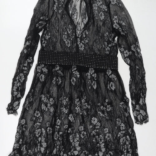 NEXT Womens Black Floral Nylon Fit & Flare Size 10 Round Neck Pullover