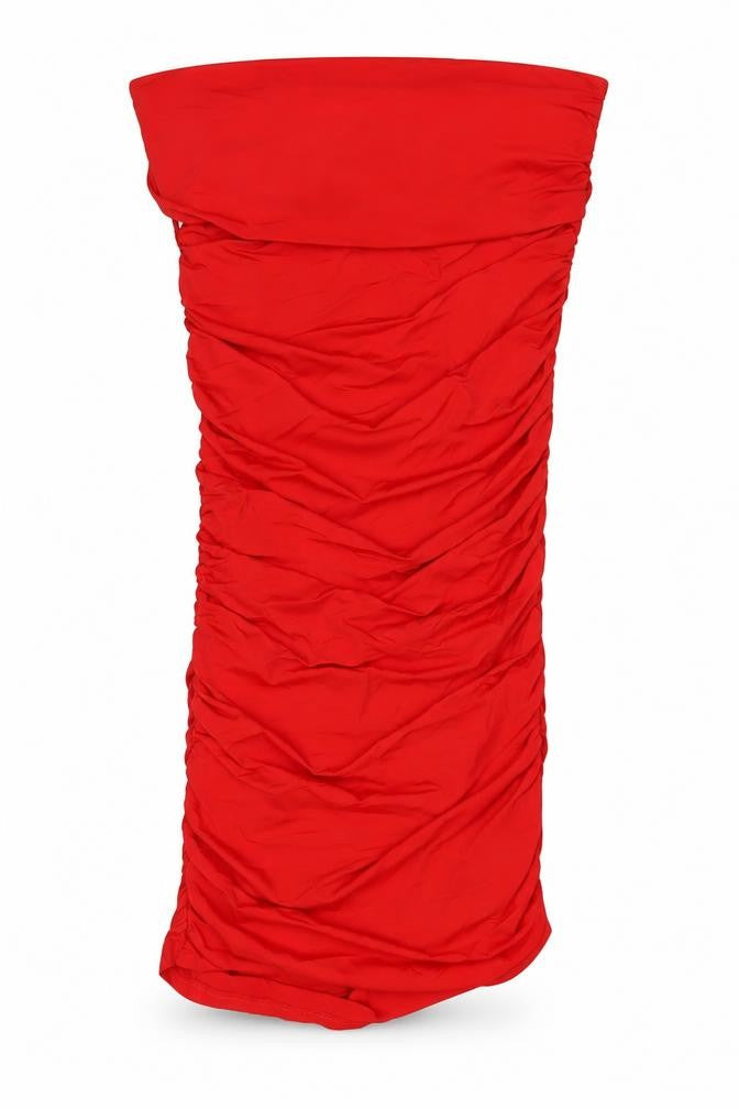 Front view of Zara women’s red polyamide bodycon, size S, off the shoulder pullover
