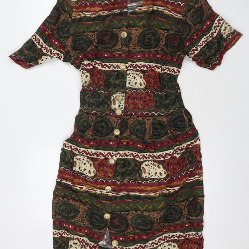 Nancy G Womens Multicoloured Geometric Viscose Shirt Dress Size 12 V-Neck Button