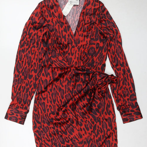 Zara Womens Red Animal Print Polyester Wrap Dress Size XS V-Neck Tie