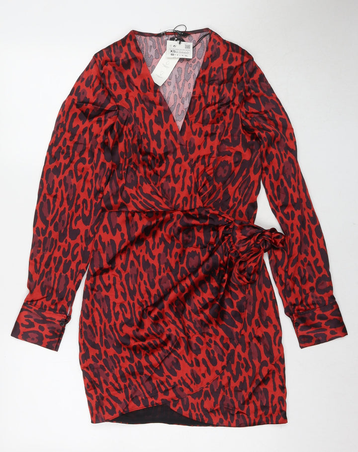 Zara Womens Red Animal Print Polyester Wrap Dress Size XS V-Neck Tie