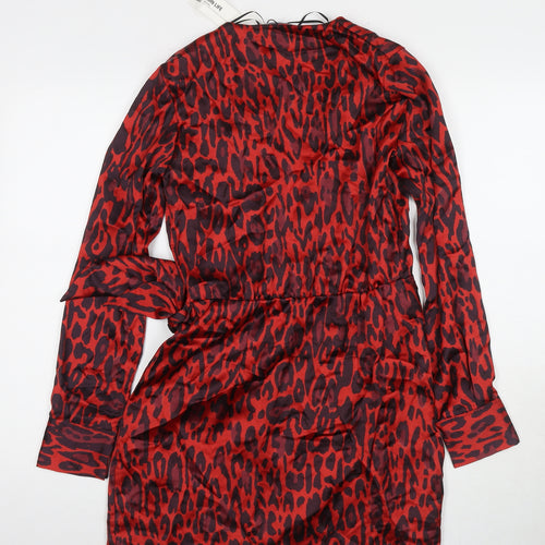 Zara Womens Red Animal Print Polyester Wrap Dress Size XS V-Neck Tie