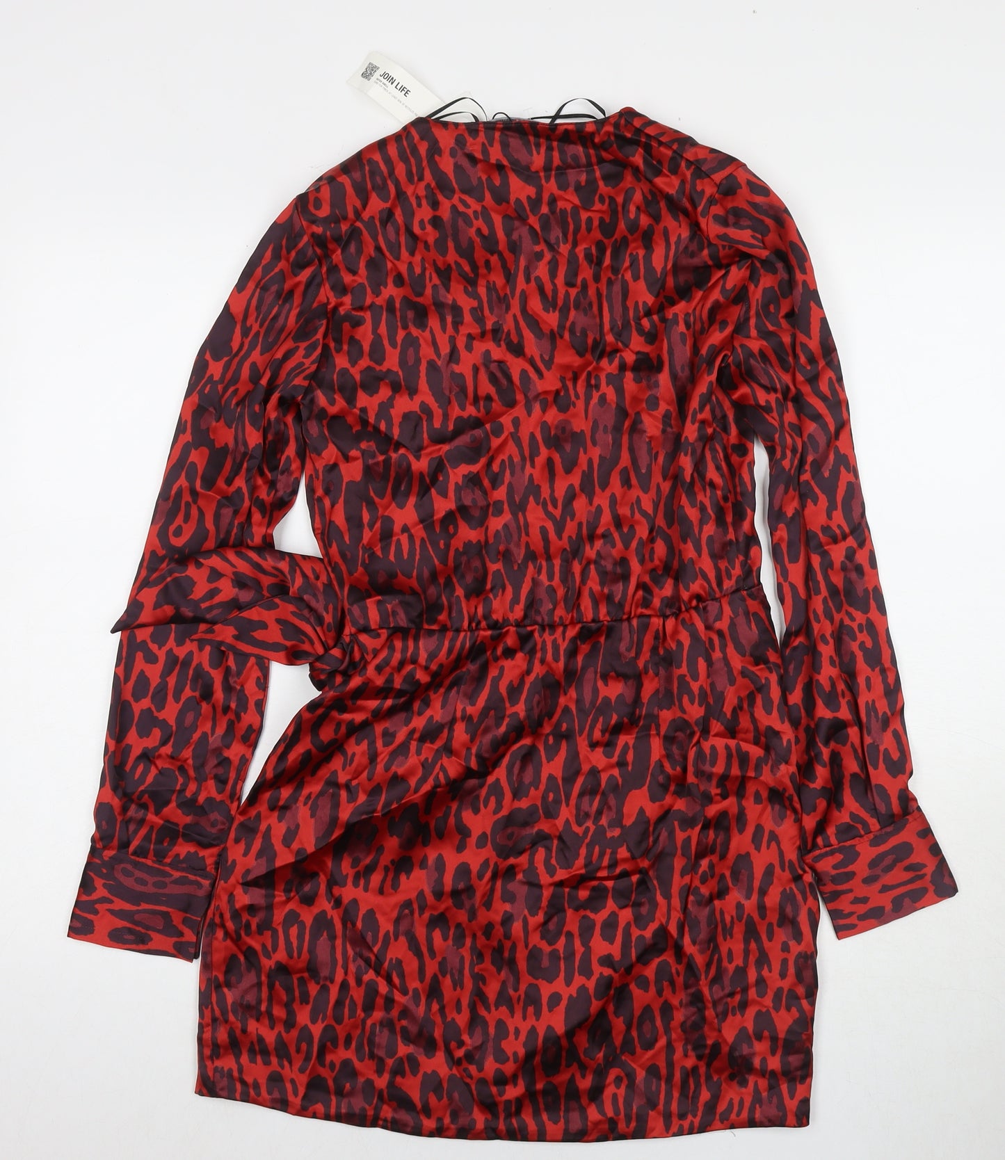 Zara Womens Red Animal Print Polyester Wrap Dress Size XS V-Neck Tie