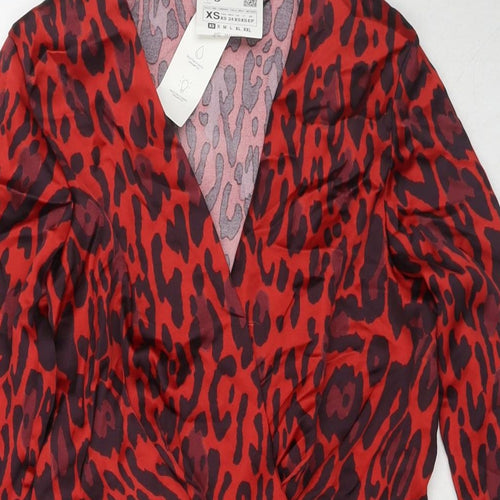 Zara Womens Red Animal Print Polyester Wrap Dress Size XS V-Neck Tie