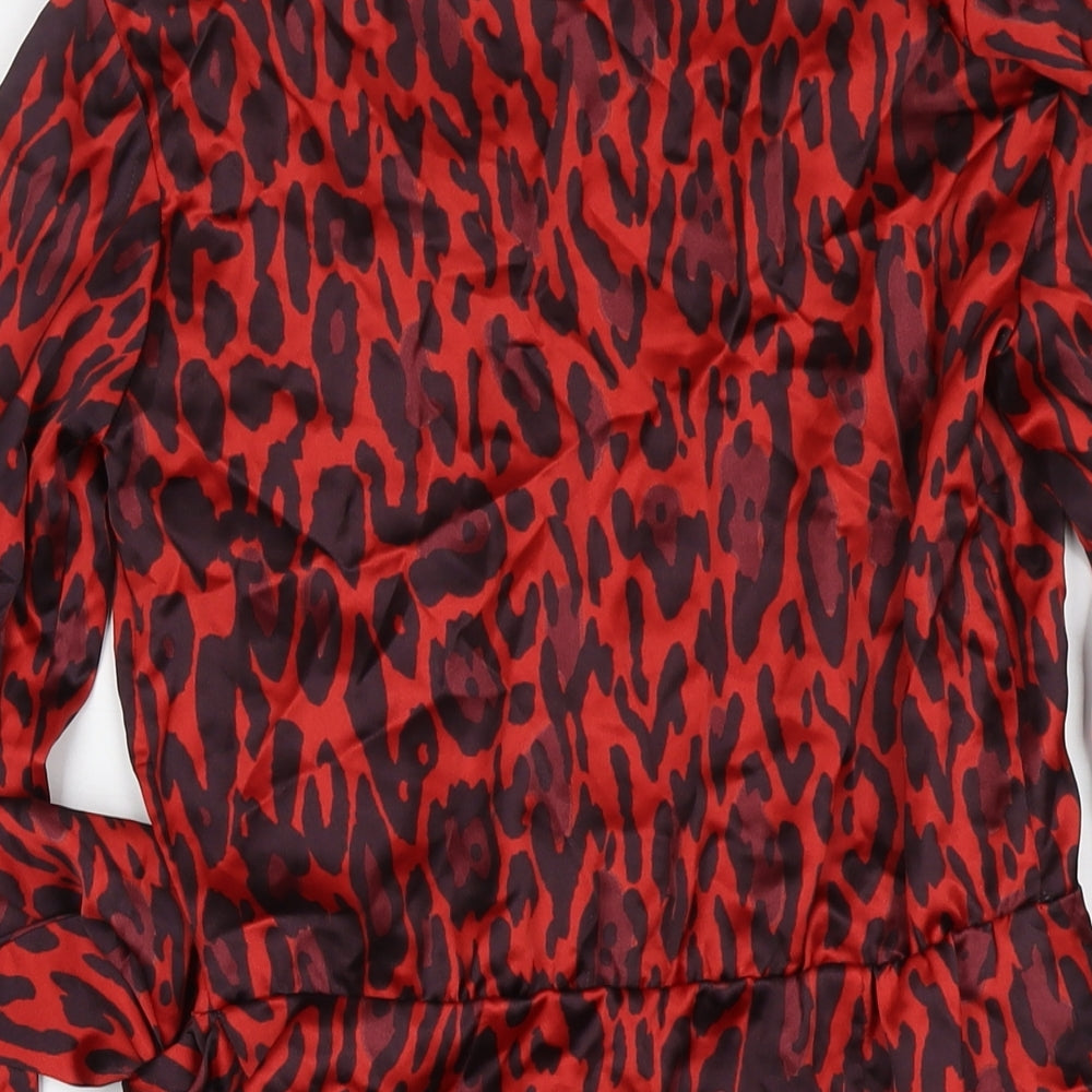 Zara Womens Red Animal Print Polyester Wrap Dress Size XS V-Neck Tie