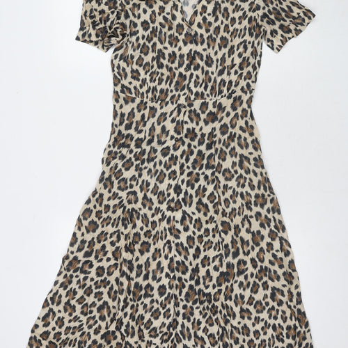 Mango Womens Beige Animal Print Viscose Maxi Size S Collared Button