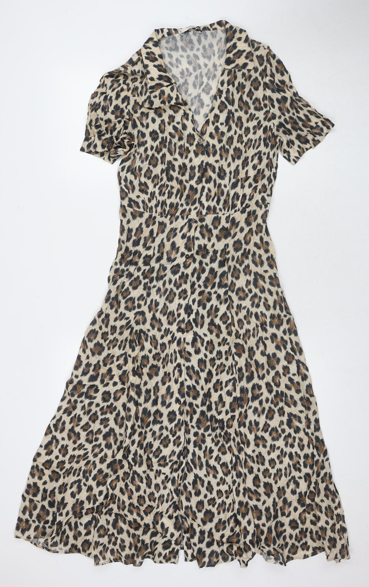Mango Womens Beige Animal Print Viscose Maxi Size S Collared Button