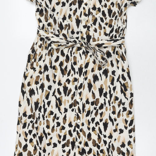 Marks and Spencer Womens Beige Animal Print Linen Shirt Dress Size 8 Collared Button