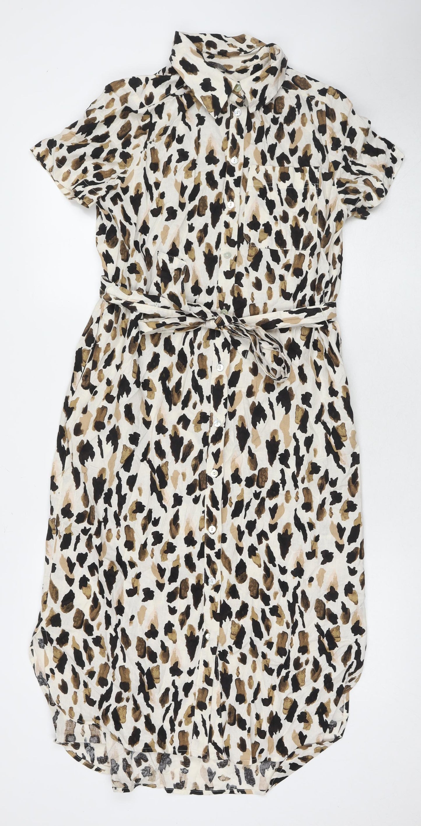 Marks and Spencer Womens Beige Animal Print Linen Shirt Dress Size 8 Collared Button
