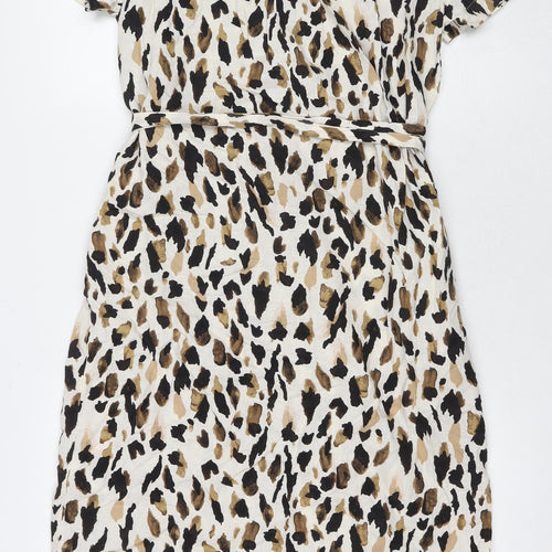 Marks and Spencer Womens Beige Animal Print Linen Shirt Dress Size 8 Collared Button