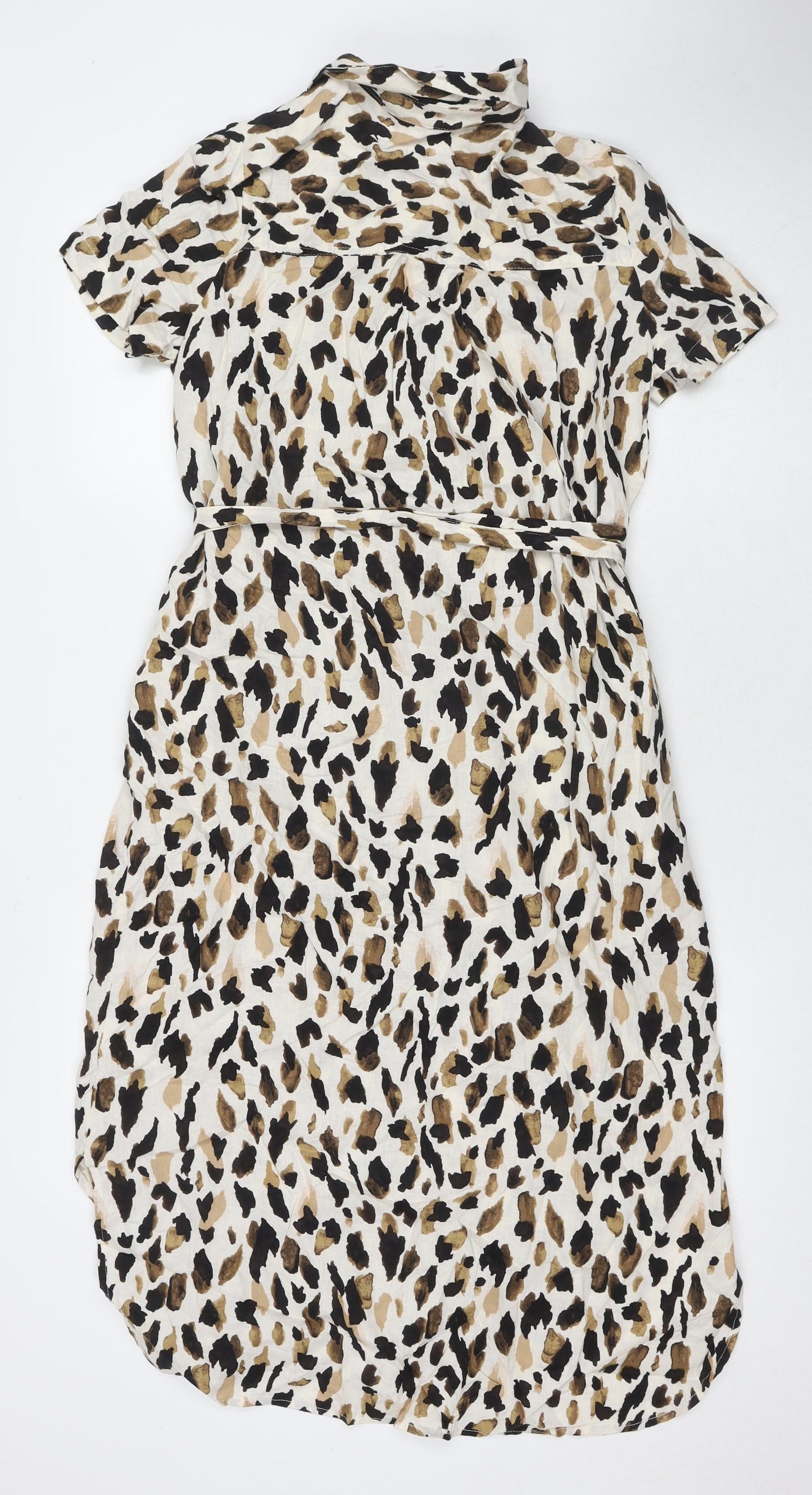 Marks and Spencer Womens Beige Animal Print Linen Shirt Dress Size 8 Collared Button