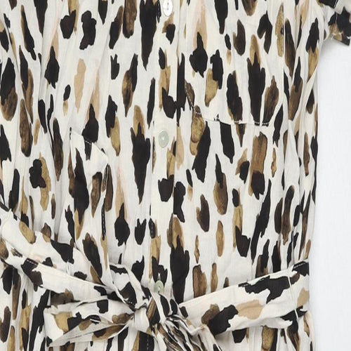 Marks and Spencer Womens Beige Animal Print Linen Shirt Dress Size 8 Collared Button