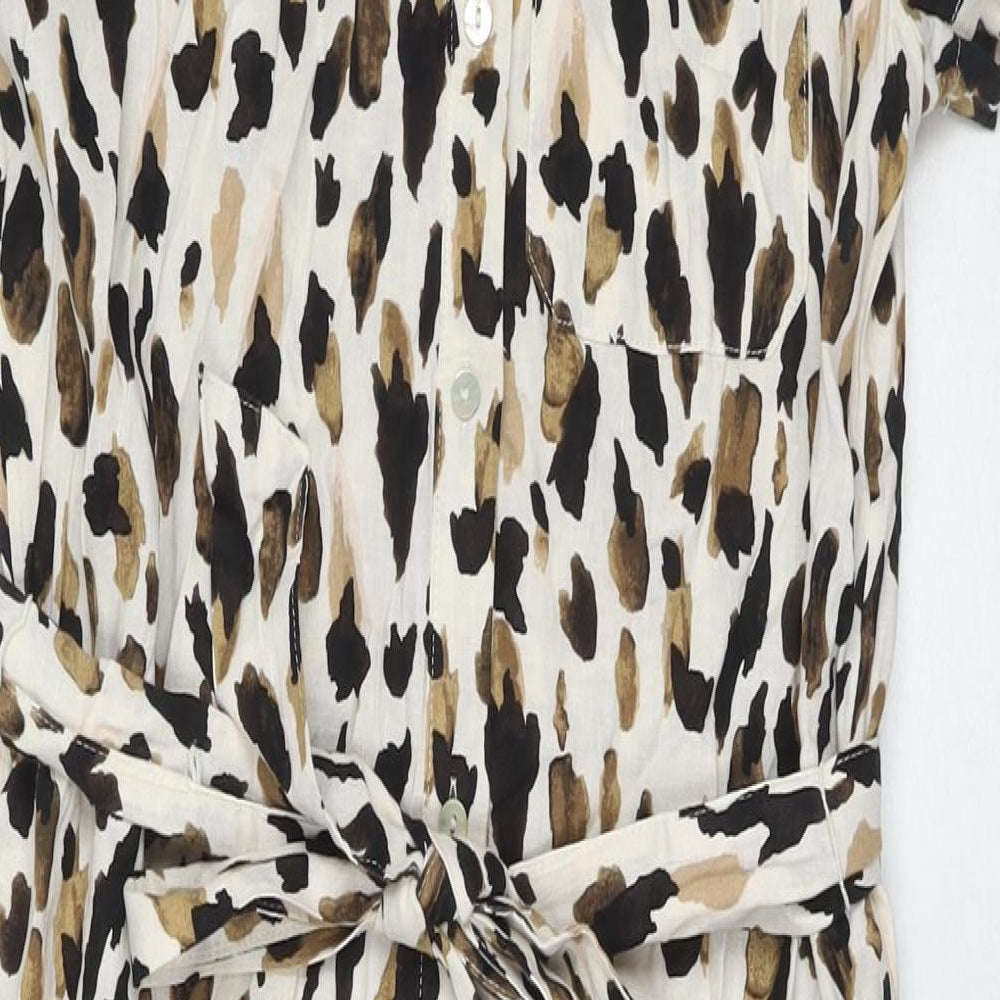 Marks and Spencer Womens Beige Animal Print Linen Shirt Dress Size 8 Collared Button