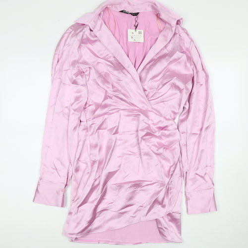 Zara Womens Pink Polyester A-Line Size S Collared Zip