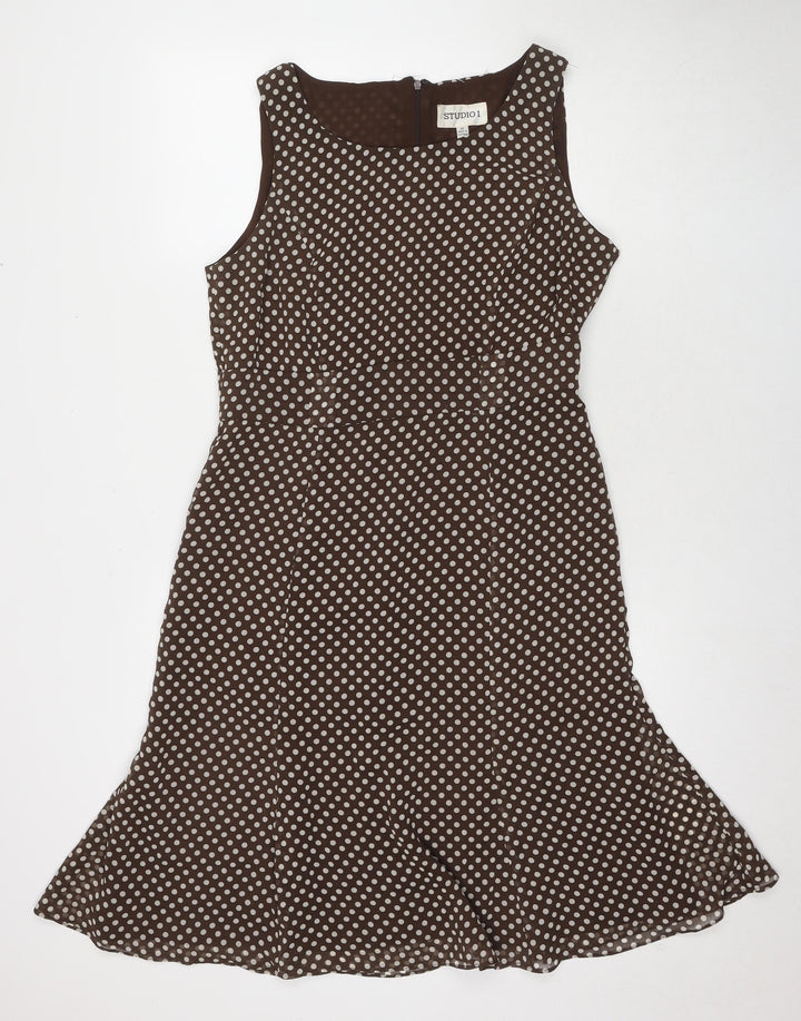 Studio I Womens Brown Polka Dot Polyester A-Line Size 12 Round Neck Zip