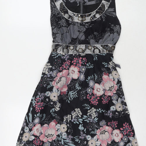 Oasis Womens Black Floral Silk A-Line Size 8 V-Neck Zip