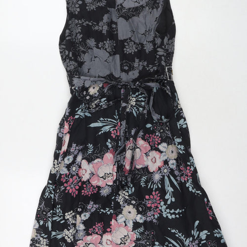 Oasis Womens Black Floral Silk A-Line Size 8 V-Neck Zip