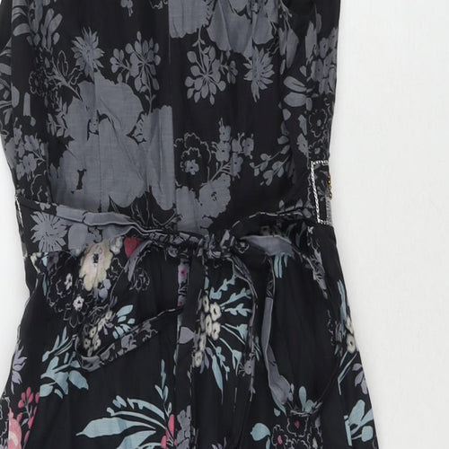 Oasis Womens Black Floral Silk A-Line Size 8 V-Neck Zip