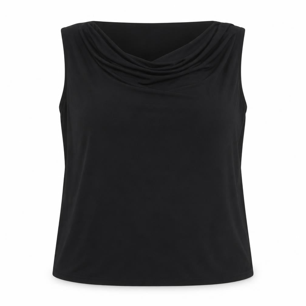Front view of Essence women’s black polyester basic tank, size UK 24, round neck