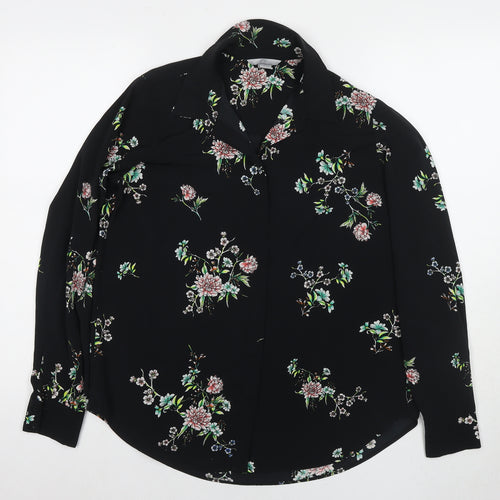 H&M Womens Black Floral Polyester Basic Button-Up Size 8 Collared