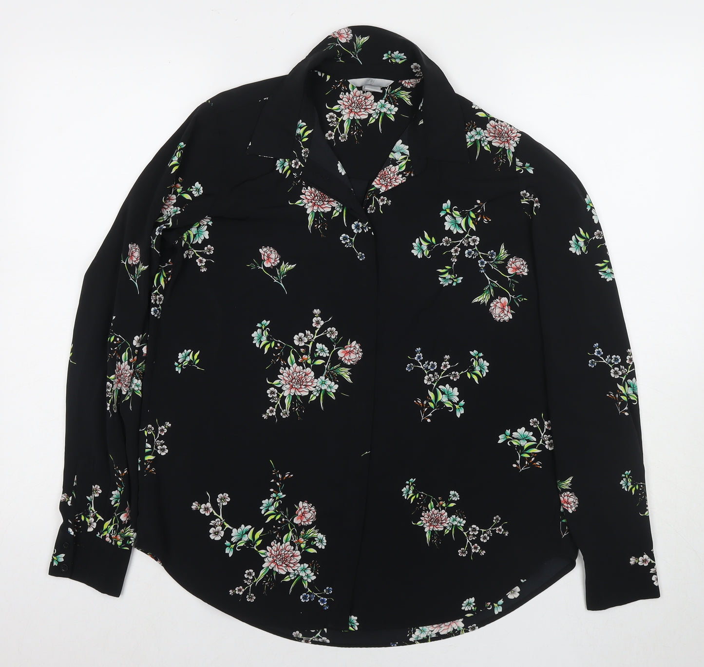H&M Womens Black Floral Polyester Basic Button-Up Size 8 Collared