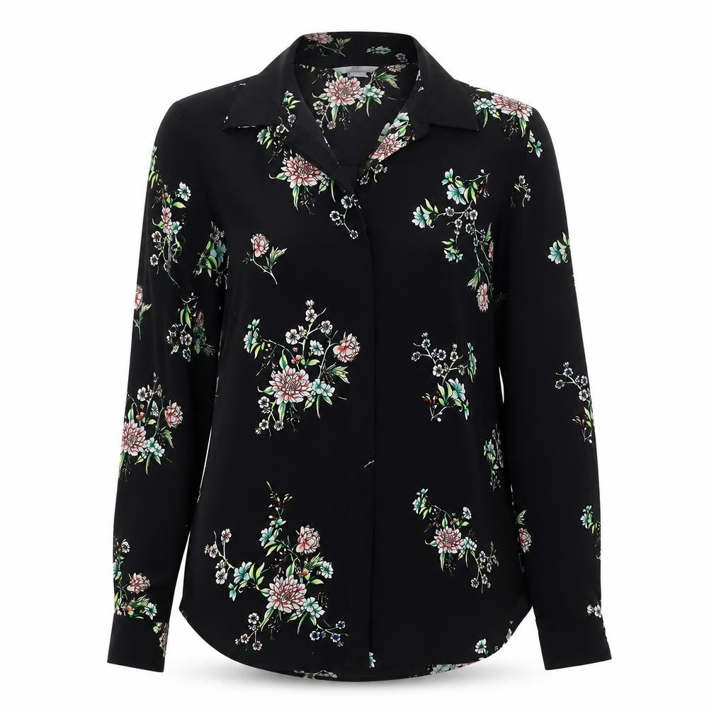 Front view of H&M women’s black floral polyester basic button-up, size UK 8, collared